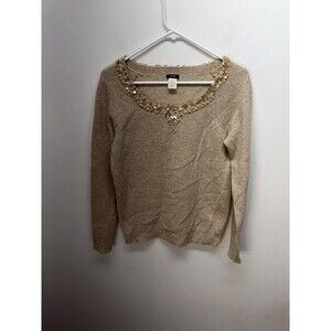 J. Crew Sweater Womens Beige 100% Lambs Wool Sequin Neckline Holiday Sz M